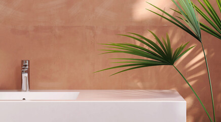 Modern, minimal white marble stone bathroom vanity and space, green tropical bamboo palm tree in...