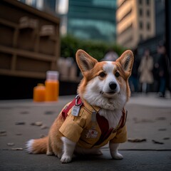 Corgi dog with doctor costume sitting at the garden. Generative AI.