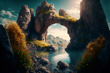 rock gate over a river, untouched nature made with generative ai
