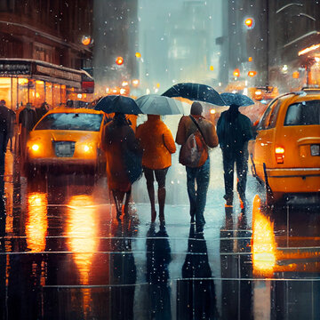 Rainy day in city, created with Generative AI technology.