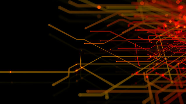 Futuristic Neon Lines form a Technical Grid. Orange and Yellow Connectivity Concept.
