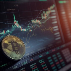 Bitcoin coin in the background of a crypto exchange on the monitor