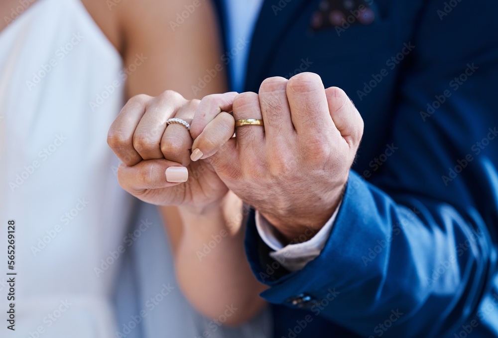 Wall mural hands, pinky promise and wedding ring of bride with groom for outdoor celebration of partnership, ca