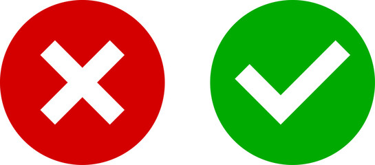 Obraz premium Yes and No or Right and Wrong or Approved and Declined Icons with Check Mark and X Signs with Shadow in Green and Red Circles. Vector Image.