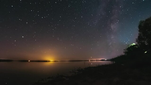 Starry sky timelapse with flat calm lake at night. Milky way is visible in night sky. Space, galaxy, Earth rotation concept