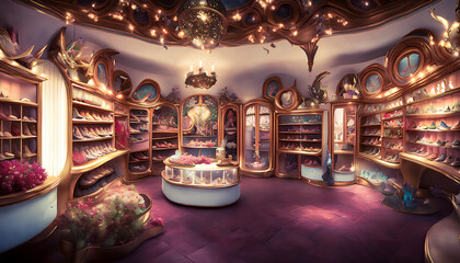 The painting depicts the interior of a magical fairy shoe store, adorned with decorative details and embellishments creating a whimsical and fantastical atmosphere. Generative AI