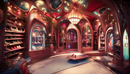 Obraz premium The painting depicts the interior of a magical fairy shoe store, adorned with decorative details and embellishments creating a whimsical and fantastical atmosphere. Generative AI