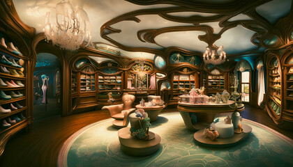 The painting depicts the interior of a magical fairy shoe store, adorned with decorative details and embellishments creating a whimsical and fantastical atmosphere. Generative AI