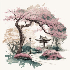 Watercolor vector landscape of cherry blossoms in japanese park. Image created AI