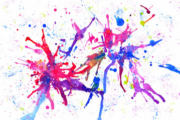Multicolored watercolor blots with rays and splashes on a white background. Abstract bright watercolor texture.