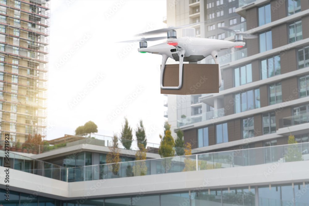 Poster drone with a package. unmanned delivery concept