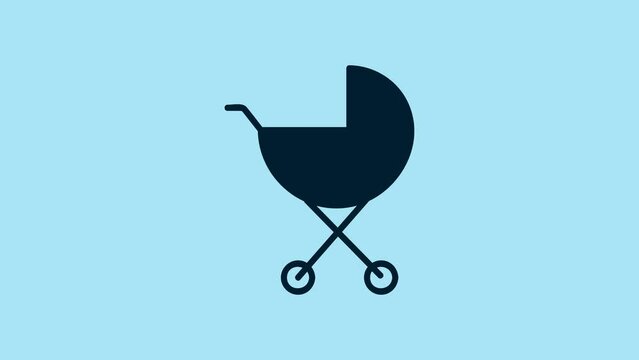 Blue Baby stroller icon isolated on blue background. Baby carriage, buggy, pram, stroller, wheel. 4K Video motion graphic animation