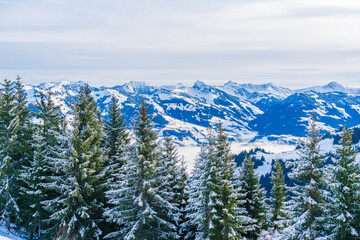 Wintry landscape in Austrian Alps in Kitzbuhel. Winter in Austria