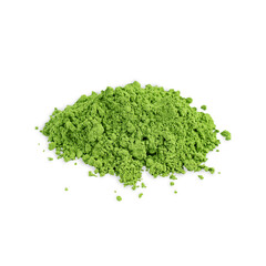 Heap of organic healthy matcha ground powder of green tea leaves which contains caffeine, theanine, tannin and vitamins used as ingredient of natural antioxidant drink isolated on white background