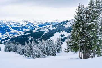 Wintry landscape in Austrian Alps in Kitzbuhel. Winter in Austria