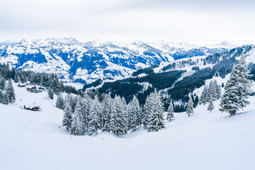 Fototapeta na wymiar Wintry landscape in Austrian Alps in Kitzbuhel. Winter in Austria