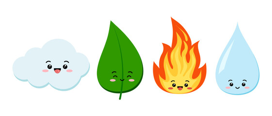 Fire flame water drop leaf and cloud cute emoji character isolated on a white background. Happy cartoon funny emoticon children elements with face. Flat design vector kawaii  illustration.