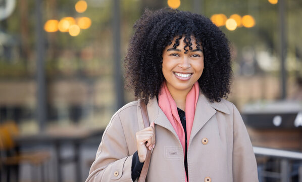 Travel, City And Portrait Of Black Woman With Smile Enjoying Morning, Freedom And Urban Commute In London. Business, Success And Happy Girl With Positive Mindset, Future Vision And Mission In Town