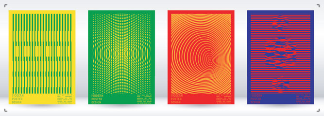 Geometrical Poster Design with Optical Illusion Effect.  Modern Psychedelic Cover Page Collection. Colourful Wave Lines Background. Fluid Stripes Art. Swiss Design. Vector Illustration for Brochure.