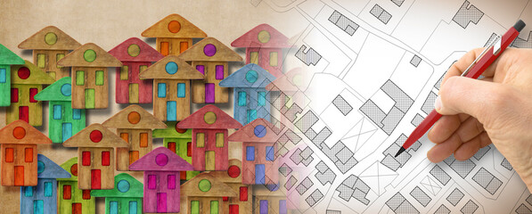 Global village made of wooden houses - concept image with an imaginary city map on background