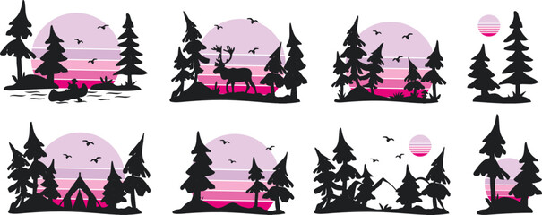 camping in forest vector silhouette. forest landscape, mountains, orange sunset vector