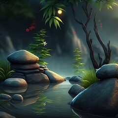 Natural Relaxing Spa Scene with Calm Water 3D Rendering, Generative Ai Illustration