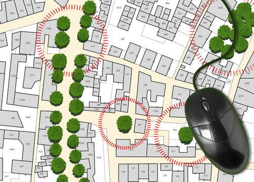 Census of singol, group or row trees in cities -  green management and tree mapping concept with imaginary city map with highlighted trees