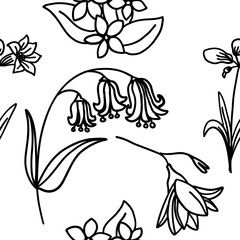 Seamless pattern with flowers in outline doodle style on a white background. Sketch for coloring.
