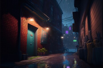 Back street alley with old city houses in rain at night. Colorful cartoon modern illustration, good for your design. AI