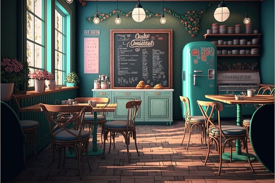 Cozy cafe interior, coffee shop Colorful cartoon modern illustration, good for your design. AI