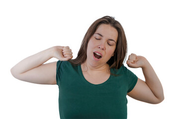 Fototapeta premium long-haired brunette woman yawning white background