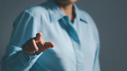 Woman person hands on dark empty for business or technology background.