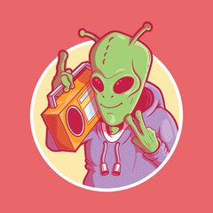 An alien character holding a boombox vector illustration. Space, music, funny design concept.