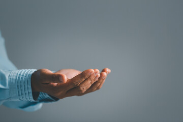 Woman person hands on dark empty for business or technology background.