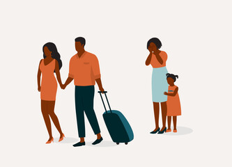 Disloyal Black Husband Leaving His Wife And Daughter For Another Woman. Wife Crying With Her Sad Daughter. Full Length. Flat Design Style, Character, Cartoon.