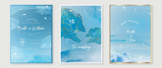 Luxury wedding invitation card background vector set. Elegant botanical flowers golden line art with ink splatter texture background. Design illustration for wedding and vip cover template, banner.