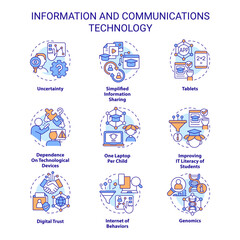 Information and communications technology concept icons set. ICT development idea thin line color illustrations. Isolated symbols. Editable stroke. Roboto-Medium, Myriad Pro-Bold fonts used