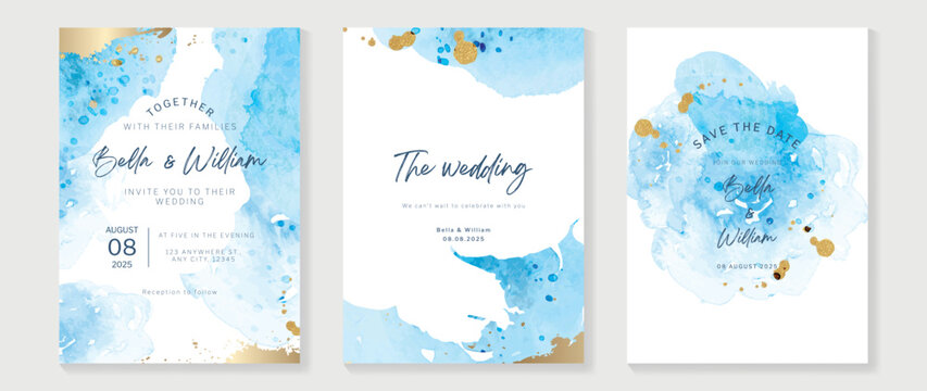 Luxury wedding invitation card background vector set. Abstract elegant watercolor brush paint with golden ink drop texture background. Design illustration for wedding and vip cover template, banner.