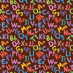 Seamless pattern of A B C D letters of the alphabet hand drawn with wax crayons. Lettering  on brown background. For fabric, sketchbook, wallpaper, wrapping paper.
