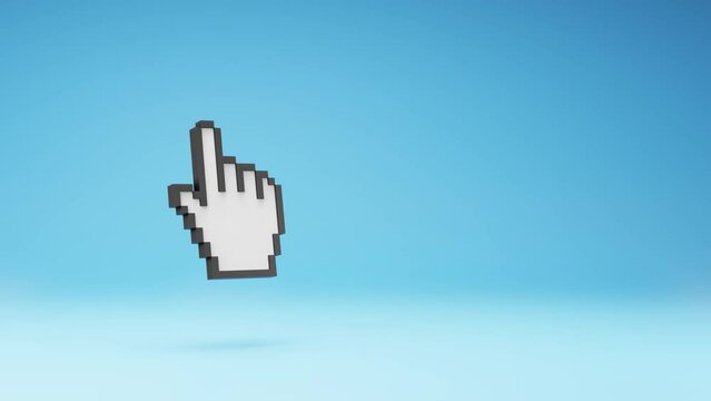 Hand Mouse Pointer Pixelated Spinning on a Studio Light Gray Background, Seamless Loop 3D Animation with Copy Space