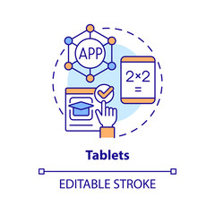 Tablets concept icon. Small personal computers. Educational application of ICT abstract idea thin line illustration. Isolated outline drawing. Editable stroke. Arial, Myriad Pro-Bold fonts used