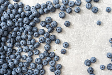 Raw Organic Blueberries on a gray background, side view. Copy space.