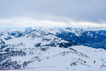 View of wintry landscape from Kitzbuhel Horn mountain in Austrian Alps in Kitzbuhel. Winter in Austria