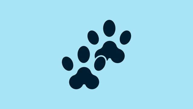 Blue Paw print icon isolated on blue background. Dog or cat paw print. Animal track. 4K Video motion graphic animation