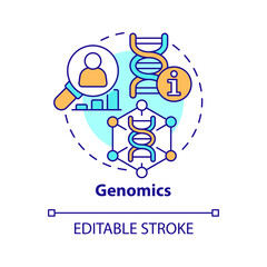 Genomics concept icon. DNA and genes studying. Information technology trend abstract idea thin line illustration. Isolated outline drawing. Editable stroke. Arial, Myriad Pro-Bold fonts used