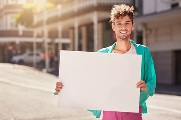 Mockup, portrait and man with board, street and protest for human rights, social change and...