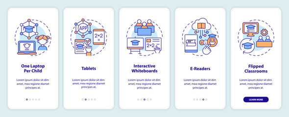 Educational applications of ICT onboarding mobile app screen. Data walkthrough 5 steps editable graphic instructions with linear concepts. UI, UX, GUI template. Myriad Pro-Bold, Regular fonts used