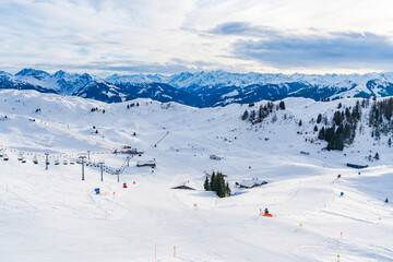 View of wintry landscape from Kitzbuhel Horn mountain in Austrian Alps in Kitzbuhel. Winter in...