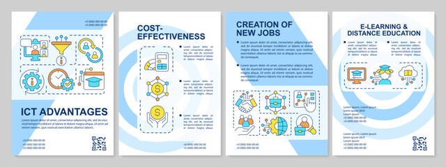 ICT advantages blue brochure template. Digital data. Leaflet design with linear icons. Editable 4 vector layouts for presentation, annual reports. Arial, Myriad Pro-Regular fonts used