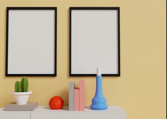 Design 3d rendering of cupboard and photo frame mockup